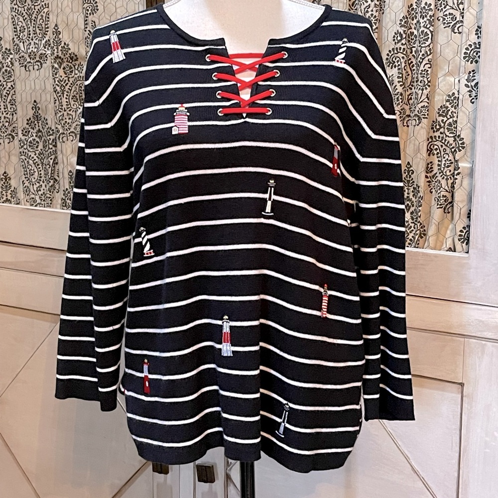 Northern Isle Nautical Navy Lighthouse Sweater with Front Lacing Size XL